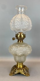 Antique Victorian Frosted Beaded Drape Art Glass Oil Lamp