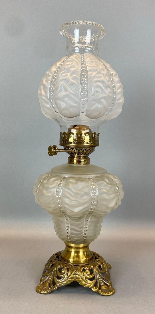Antique Victorian Frosted Beaded Drape Art Glass Oil Lamp (1 of 2)