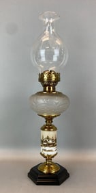 Antique Victorian Winter Scene Pedestal Oil Table Lamp
