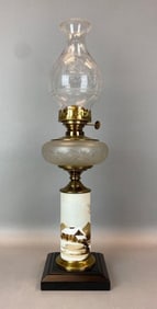 Antique Victorian Scenic Pedestal Oil Table Lamp