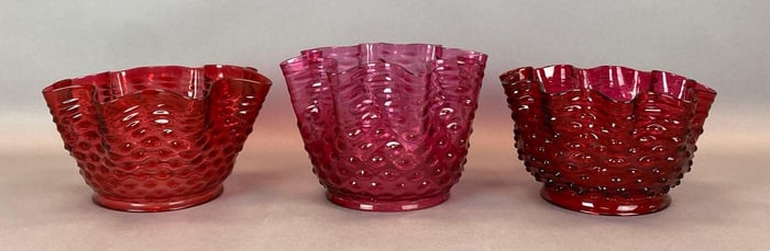 Group of 3 Cranberry Hobnail Ruffled Glass Lamp Shades