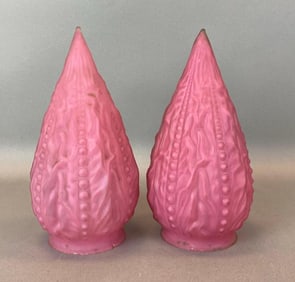 Group of 2 Antique Pink Satin Beaded Drapery Art Glass Lamp Shades