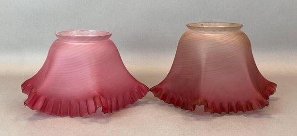 Group of 2 Antique Cranberry Satin Ruffled Ribbon Glass Lamp Shades