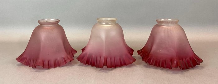 Group of 3 Antique Cranberry Satin Ribboned Glass Lamp Shades