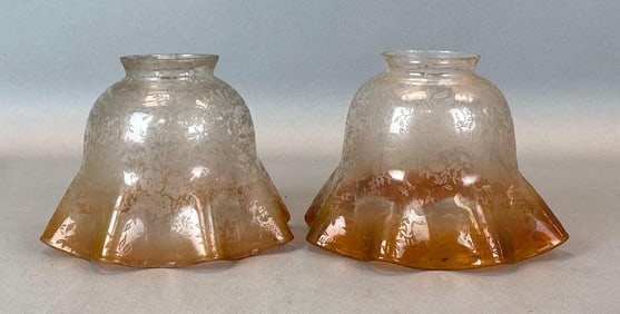 Group of 2 Antique Floral Etched Ruffled Glass Lamp Shades