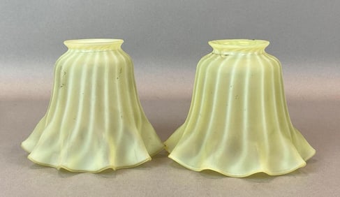 Group of 2 Antique Vaseline Glass Ruffled Lamp Shades