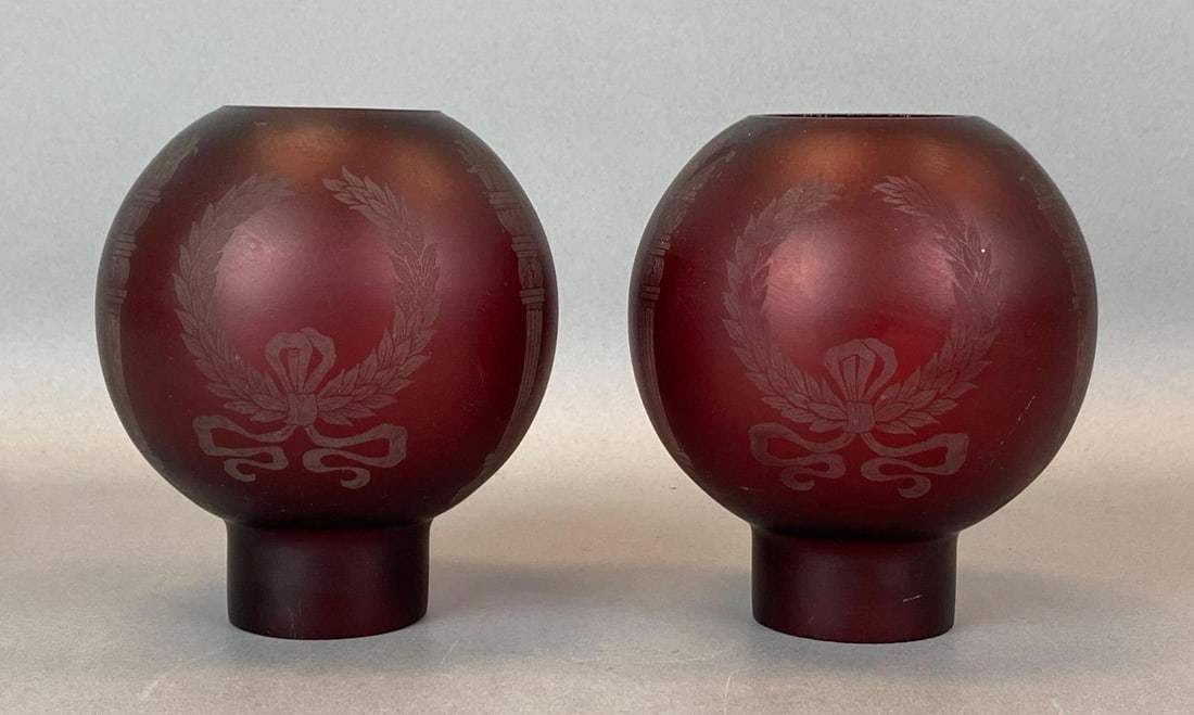 Group of 2 Antique Satin Etched Ruby Glass Lamp Shades (1 of 3)