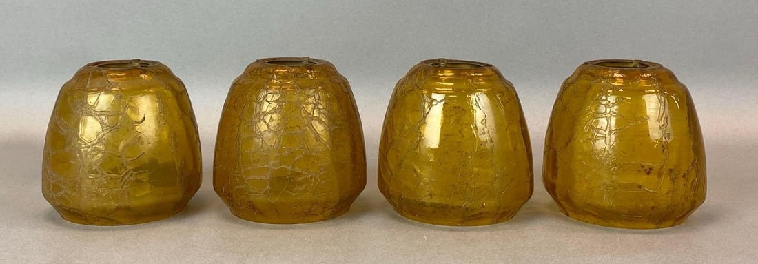 Group of 4 Antique Yellow Crackle Glass Lamp Shades: Each measures 3 3/4 x 3 3/4 inches with 1 1/4 inch fitter