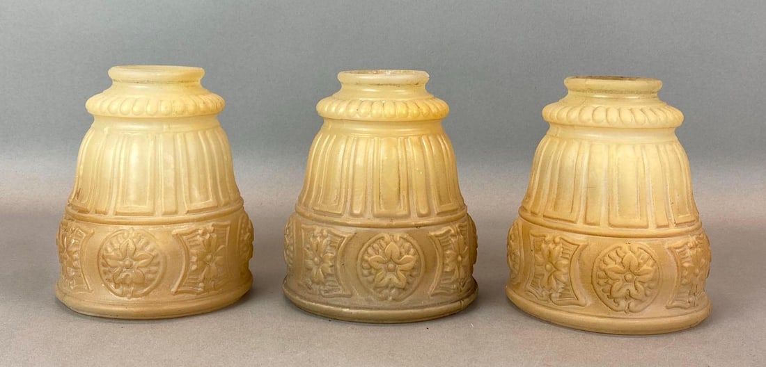 Group of 3 Antique Floral Sating Glass Lamp Shades: Largest measures 5 1/2 x 4 1/2 inches with a 2 1/4 inch fitter