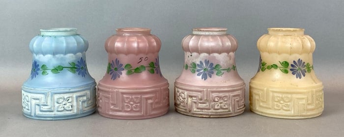 Group of 4 Antique Satin Hand Painted Glass Lamp Shades