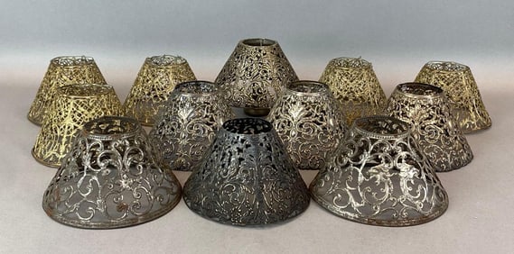 Group of 12 Antique Metal Filagree Cutout Lamp Shadea