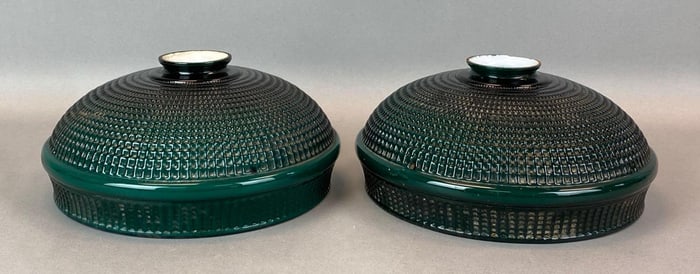 Group of 2 Antique Green Cased Glass Student Lamp Shades