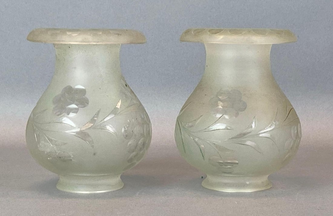 Group of 2 Antique Frosted Cut Glass Lamp Shades: Each measures 5 x 4 inches with a 2 1/4 inch fitter