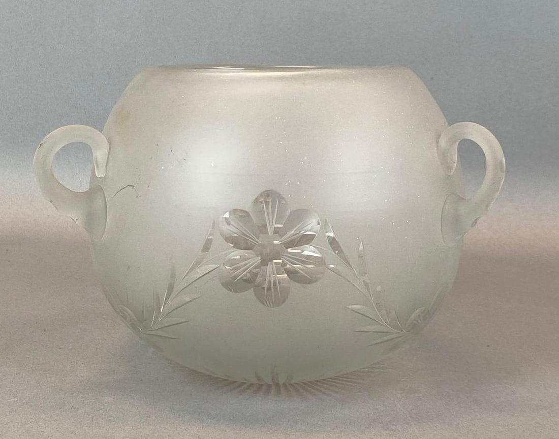 Antique Frosted Cut Glass Hanging Candle Shade: Features starburst and floral motif, Measudes 5 1/2 x 7 1/2 inches