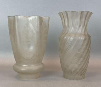 Group of 2 Antique Frosted Etched Art Glass Lamp Shades