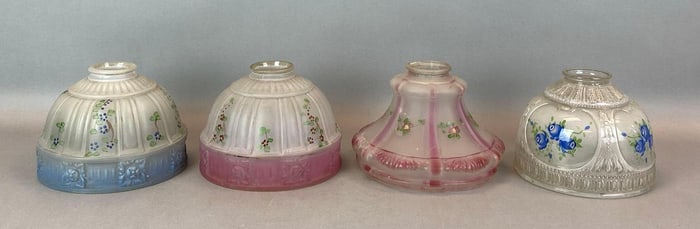 Group of 4 Antique Floral Flash Glass Lamp Shades