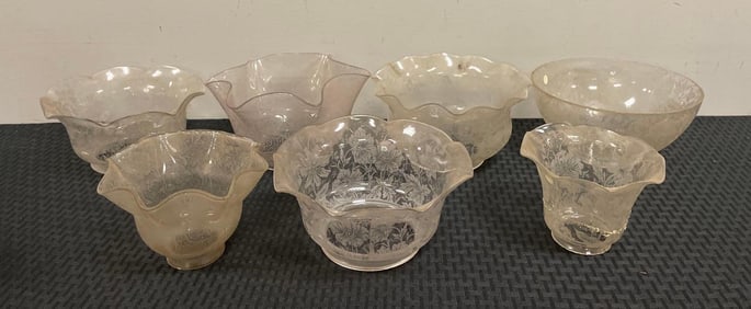 Group of Antique Floral Etched Glass Lamp Shades