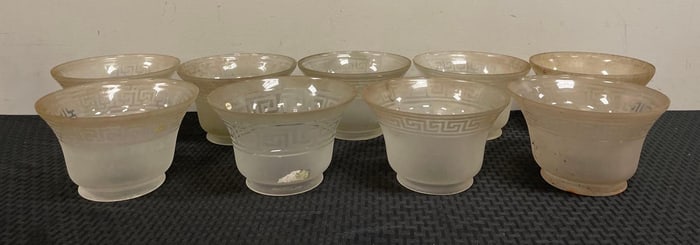 Group of Antique Greek Pattern Etched Glass Lamp Shades