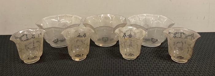 Group of Antique Floral Etched Glass Lamp Shades