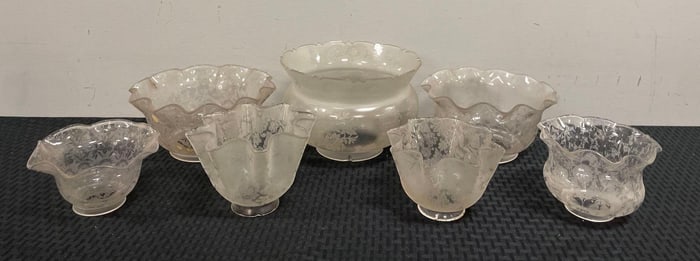 Group of Antique Floral Etched Glass Lamp Shades
