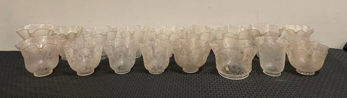 Group of Antique Ruffle Floral Etched Glass Lamp Shades