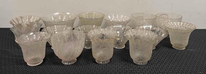 Group of Antique Floral Etched Glass Lamp Shades