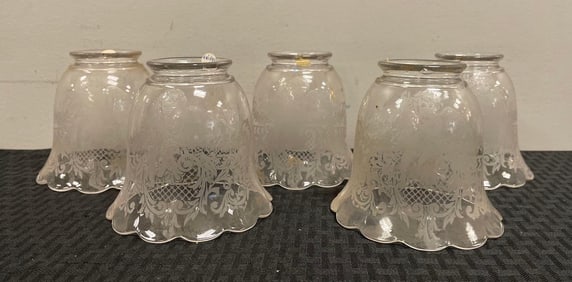 Set of 5 Antique Cherubic Etched Glass Lamp Shades