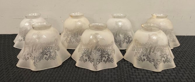 Set of 7 Antique Cherubic Etched Glass Lamp Shades