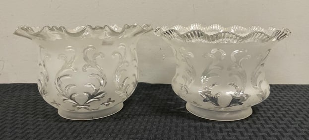 Group of 2 Antique Ruffle Etched to Clear Glass Lamp Shades