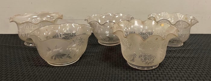 Group of Antique Ruffle Floral Etched Glass Lamp Shades