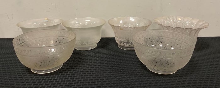 Group of Antique Floral Etched Glass Lamp Shades
