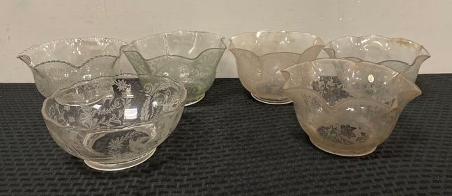 Group of Antique Floral Etched Glass Lamp Shades