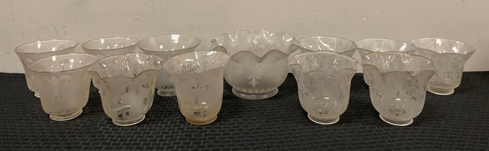 Group of Antique Fleur de Lis Etched Glass Lamp Shades