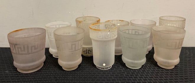 Group of Antique Geometric Frosted Glass Lamp Shades