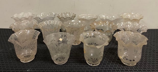 Group of Antique Floral Etched Glass Lamp Shades