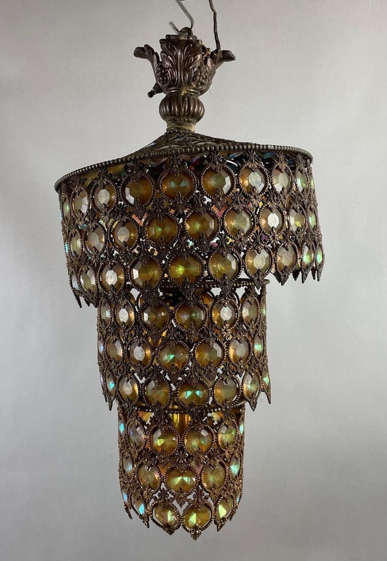 Antique 3 Tiered Ornate Crystal Hanging Lamp (1 of 4)
