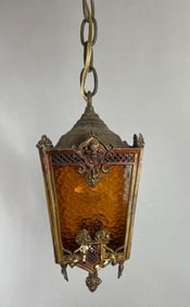 Antique Brass Amber Glass Hanging Light Fixture