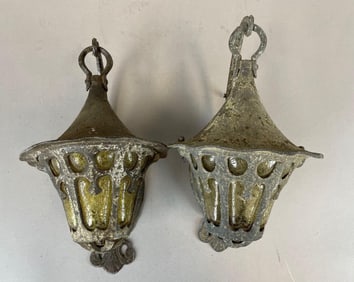 Group of 2 Antique Amber Glass Wall Sconces