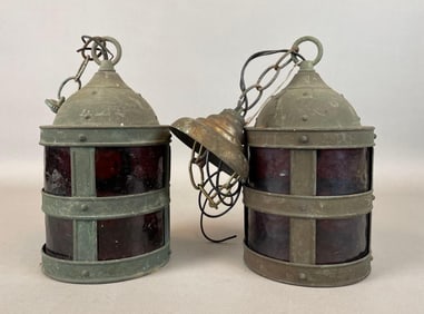 Group of 2 Antique Amber Glass Hanging Light Fixtures
