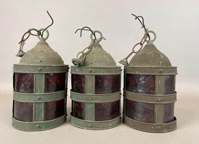 Group of 3 Antique Amber Glass Hanging Light Fixtures