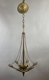 Antique Art Nouveau Brass 6 Lamp Hanging Light Fixture