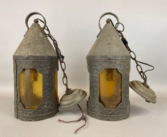 Group of 2 Antique Hammered Brass Pendant Lamps