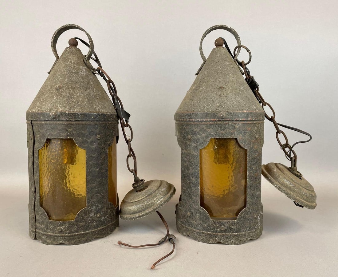 Group of 2 Antique Hammered Brass Pendant Lamps (1 of 2)