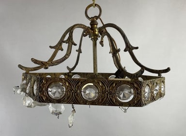 Antique Brass 3 Lamp Hanging Light Fixture with Prisms