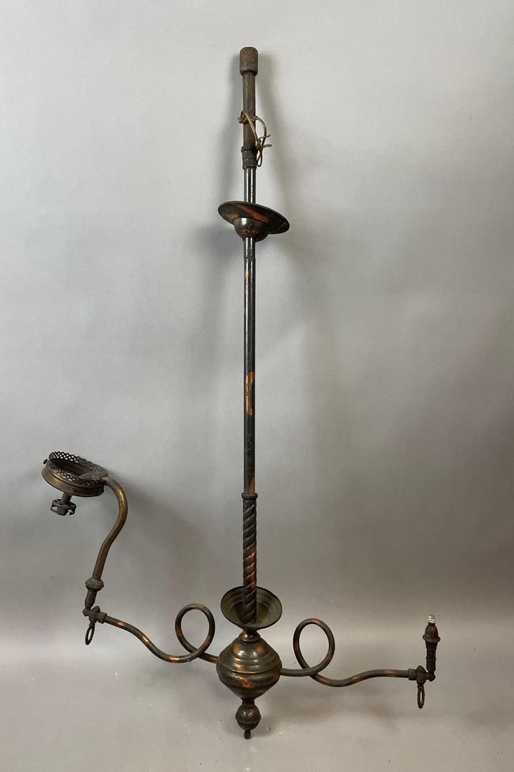 Antique 2 Arm Japanned Copper Gas Lamp Hanging Fixture (1 of 3)
