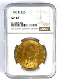 NGC Graded 1906-D US $20 Liberty Head Gold Coin MS63