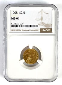 NGC Graded 1908 US $2.50 Indian Head Gold Coin MS61