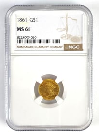 NGC Graded 1861 US $1 Indian Princess Head Gold Coin MS61