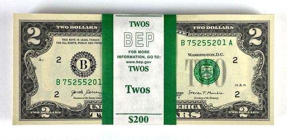 Group of 100 2017 US Mint $2 Consecutive Serial Numbered Bills