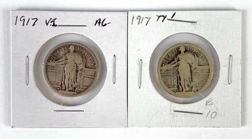 Group of 2 US 1917 Type 1 Standing Liberty Silver Quarters